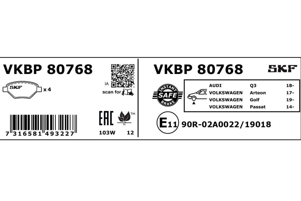 Jogo de 4 pastilhas de travão SKF ref. VKBP 80768